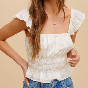 HEM & THREAD Cream Smocked Flutter Sleeve Top, Dainty Floral Peplum Blouse